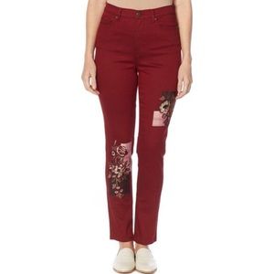 NEW! DG2 Diane Gilman Stretch Embroidered Patched Skinny Jeans, Color - Wine
